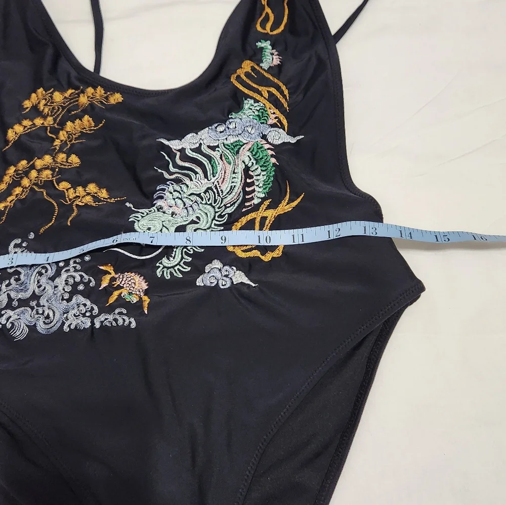 Nasty Gal Black Dragon Embroidered One Piece Swimsuit Asian Inspired M